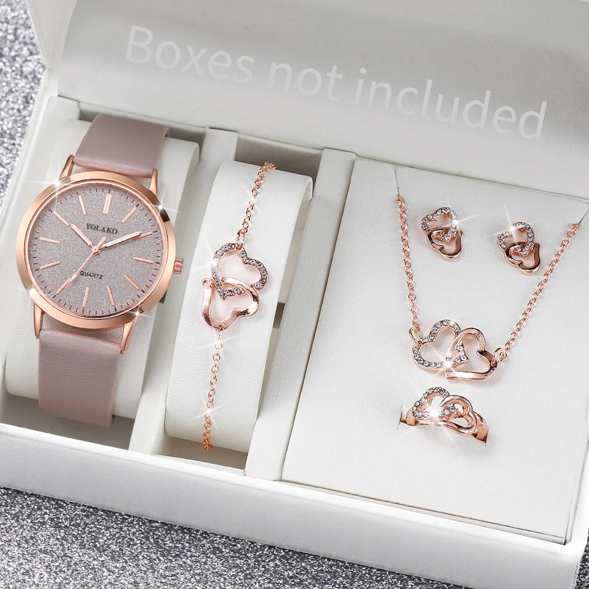 6pcs/set Women Leather Band Quartz Watch and Lover